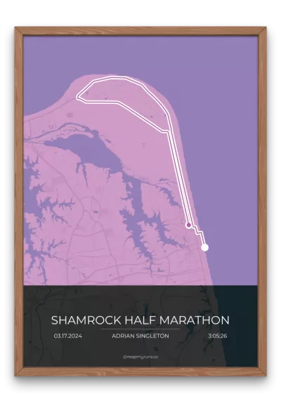 mapmyruns.co - custom half marathon posters - shamrock half marathon brisk purple dark mode